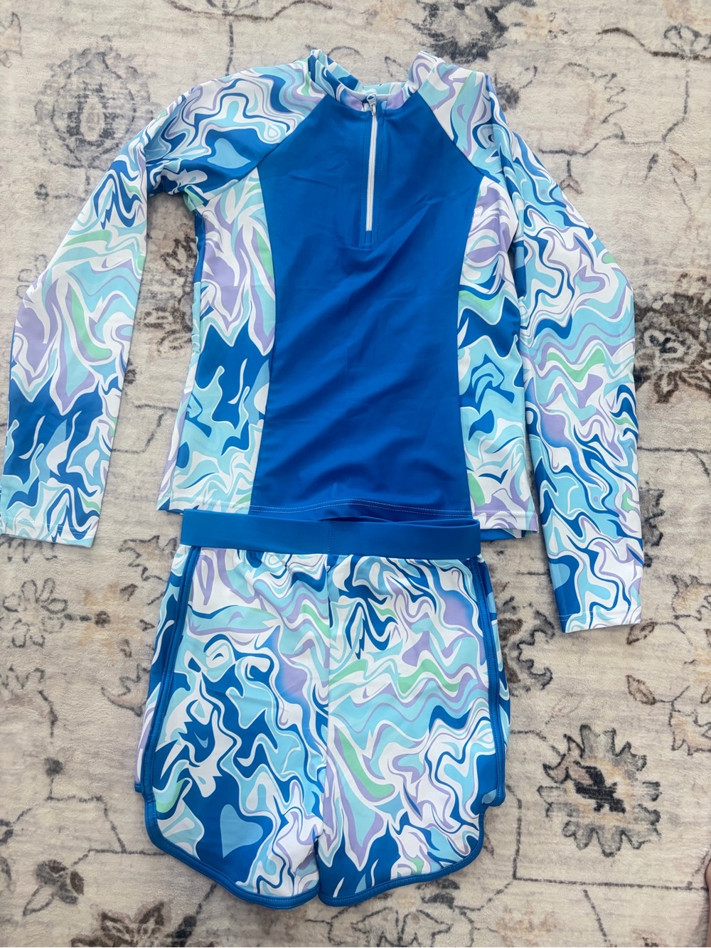 Kids Blue Long-Sleeve Rash Guard and Swim Shorts Set